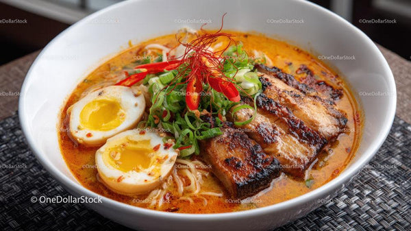 Spicy Ramen Bowl with Pork Belly and Soft Boiled Eggs Stock Photo Bundle (16 JPG Files)