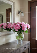 Pink Peonies in a Glass Vase on Wooden Dresser in Cozy Interior