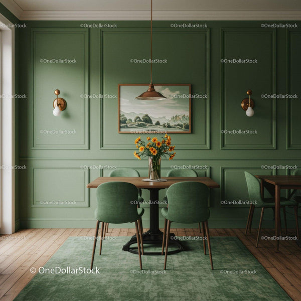 Stylish Green Walled Dining Room with Vintage Decor and Yellow Flowers