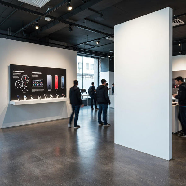 Modern technology showroom with visitors exploring gadgets JPG Mockup Image