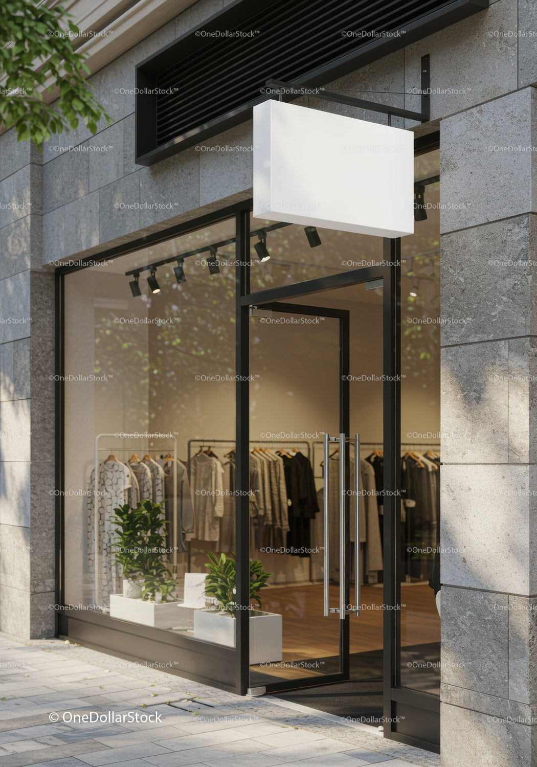 Modern boutique entrance with minimalist clothing display