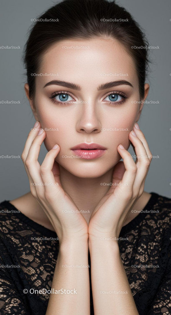 Elegancki portret kobiety z jasnoniebieskimi oczami i nieskazitelną cerą