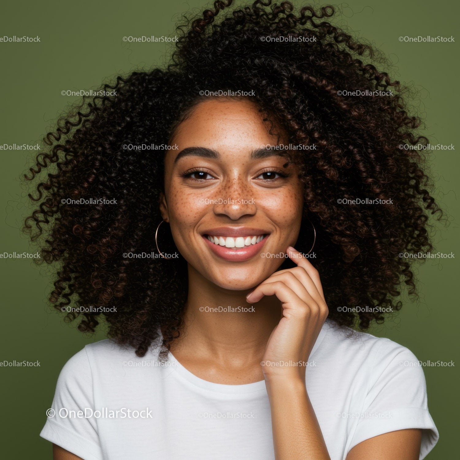 Smiling Young Woman with Curly Hair and Freckles in Bright Portrait