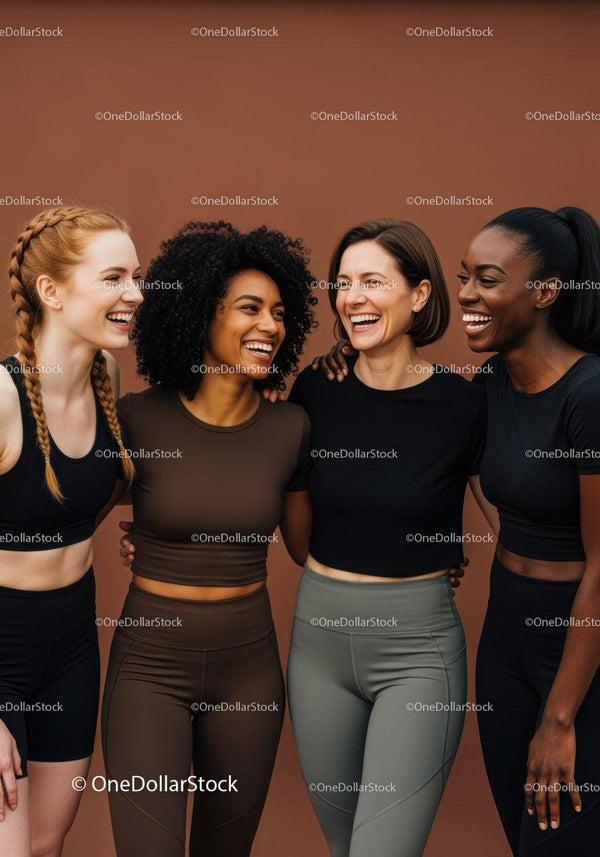 Happy diverse women smiling in fitness activewear