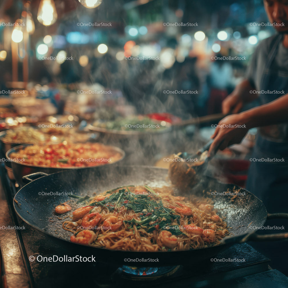 Street Food Wok Cooking at Night Market with Fresh Ingredients