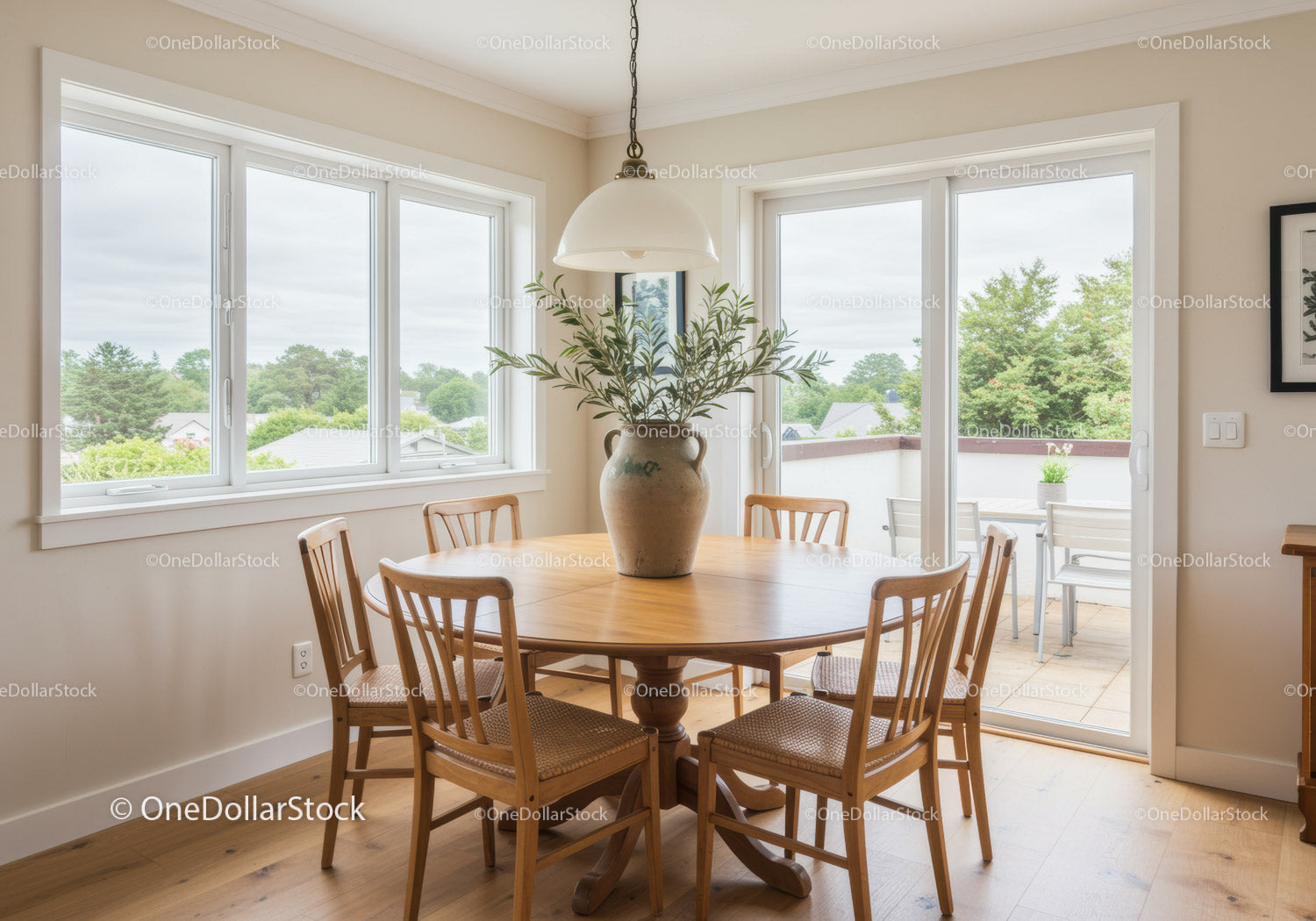 Cozy dining area with wooden table and green plant