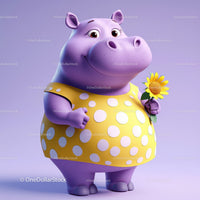 Cartoon Purple Pig Holding Sunflower Wear Yellow Polka Dot Dress