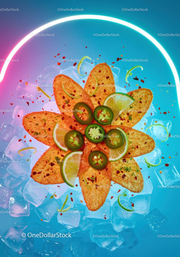 Spicy tortilla chips with jalapenos and lime on ice