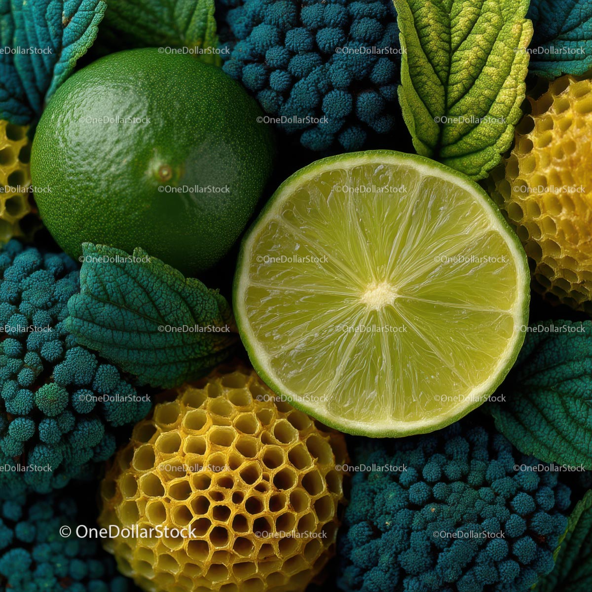 Żywa zielona limonka i kolorowe organiczne elementy w aranżacji