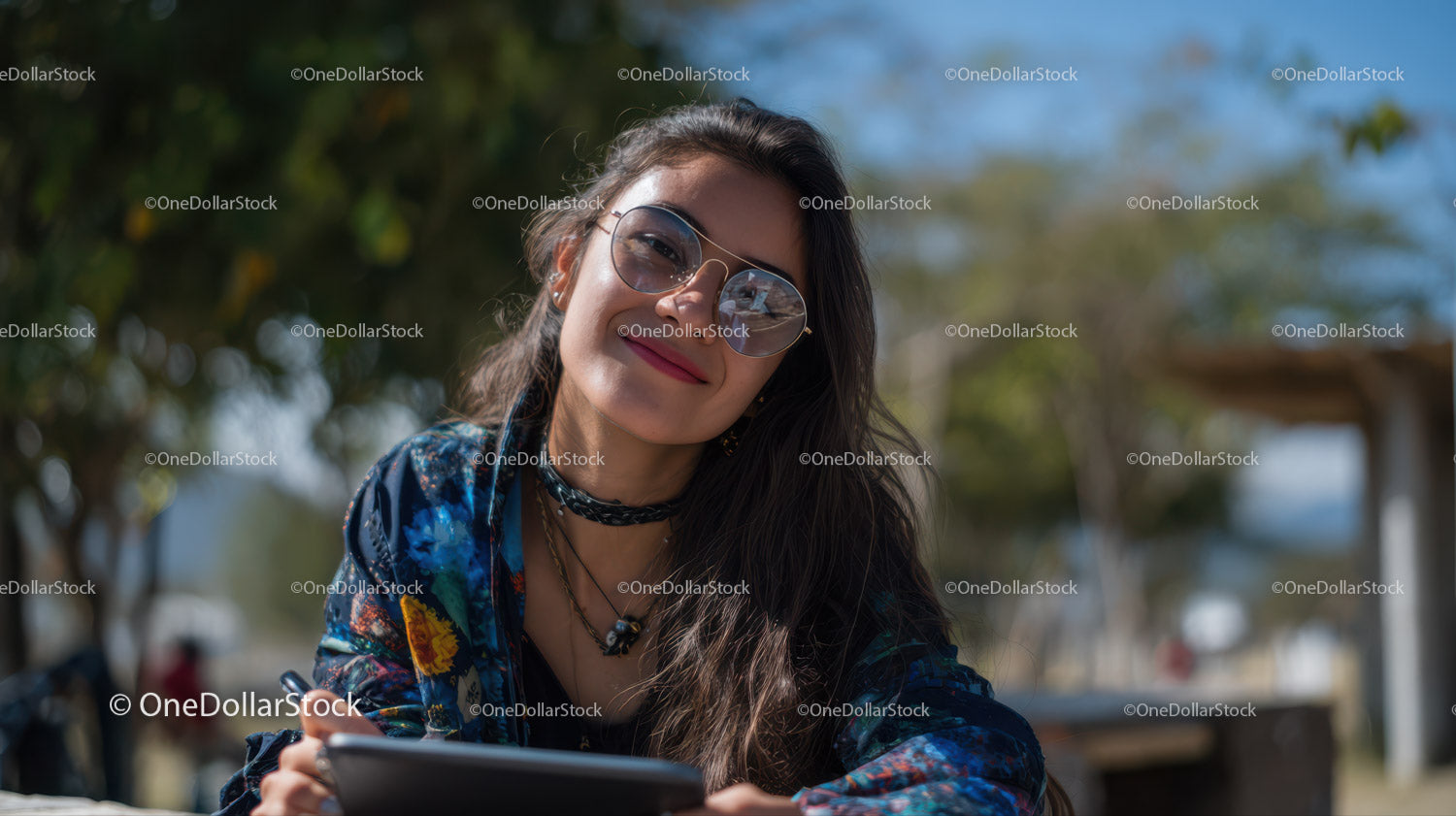 Smiling Woman with Sunglasses Enjoying Outdoors on Sunny Day
