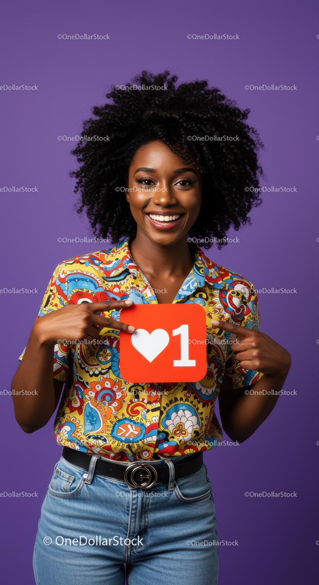 Vibrant Young Woman Holding Like Icon in Bright Casual Outfit