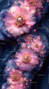 Pink Floral Fantasy With Gold Accents and Cosmic Background