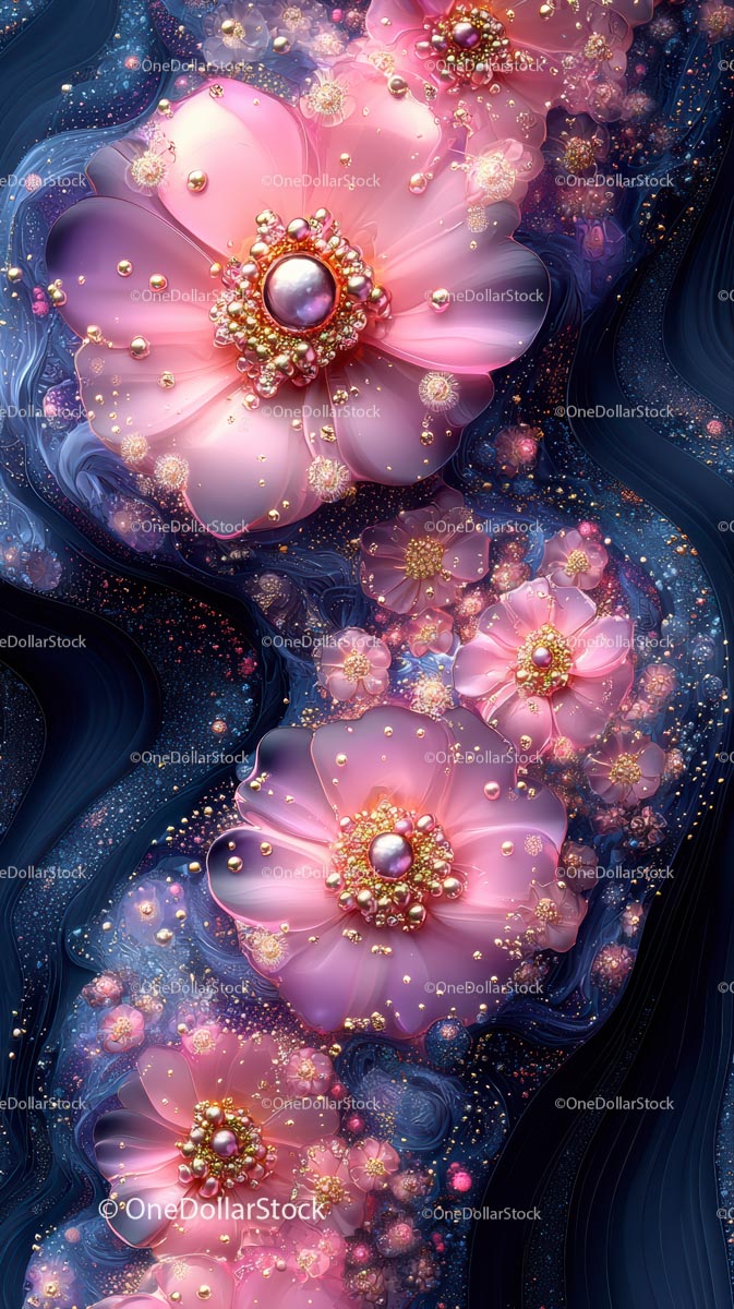 Pink Floral Fantasy With Gold Accents and Cosmic Background