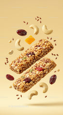 Healthy granola bars with nuts and dried fruits flying