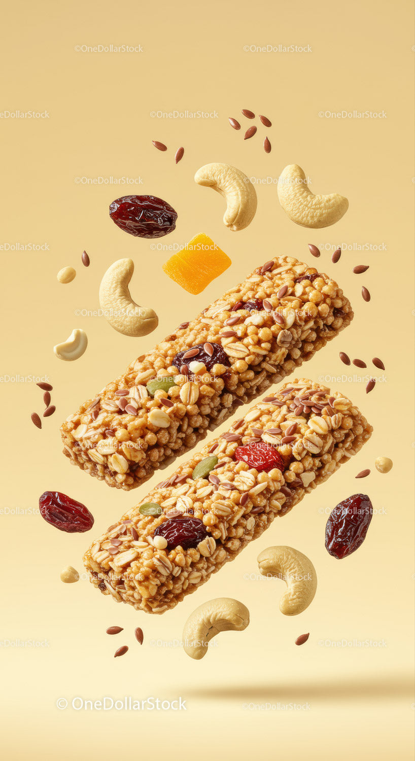 Healthy granola bars with nuts and dried fruits flying