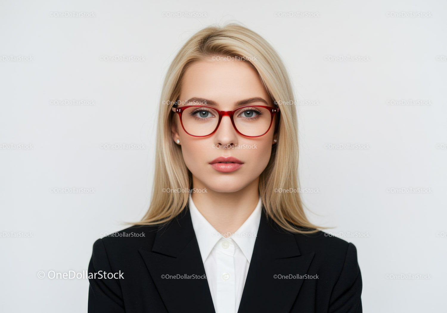 Pewna siebie bizneswoman w czarnym garniturze i czerwonych okularach