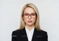 Confident Businesswoman in Black Suit and Red Glasses