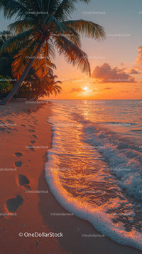 Sunset Over Tropical Beach with Palm Trees and Ocean Waves