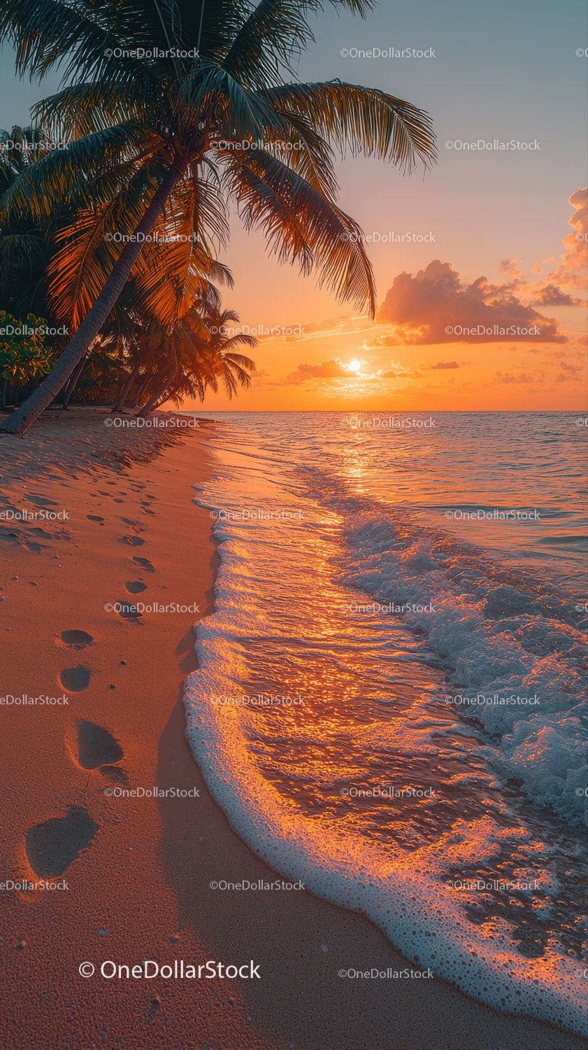 Zachód słońca nad tropikalną plażą z palmami i falami oceanu