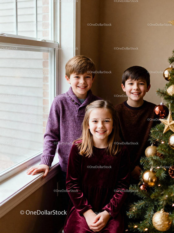 Smiling children celebrating Christmas by the tree