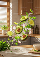 Fresh avocado and greens splashing in modern kitchen