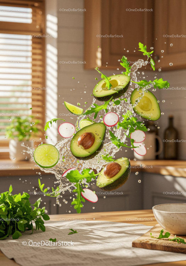 Fresh avocado and greens splashing in modern kitchen