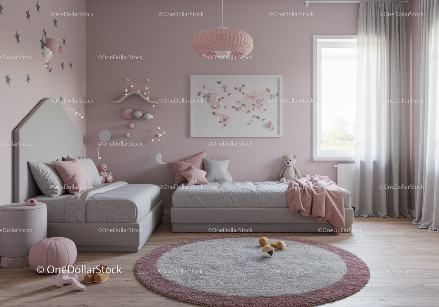 Pink Kids Bedroom with Twin Beds, Teddy Bear, and Wall Art