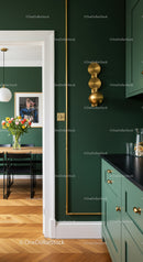 Elegant Green Kitchen with Gold Accents and Wooden Flooring