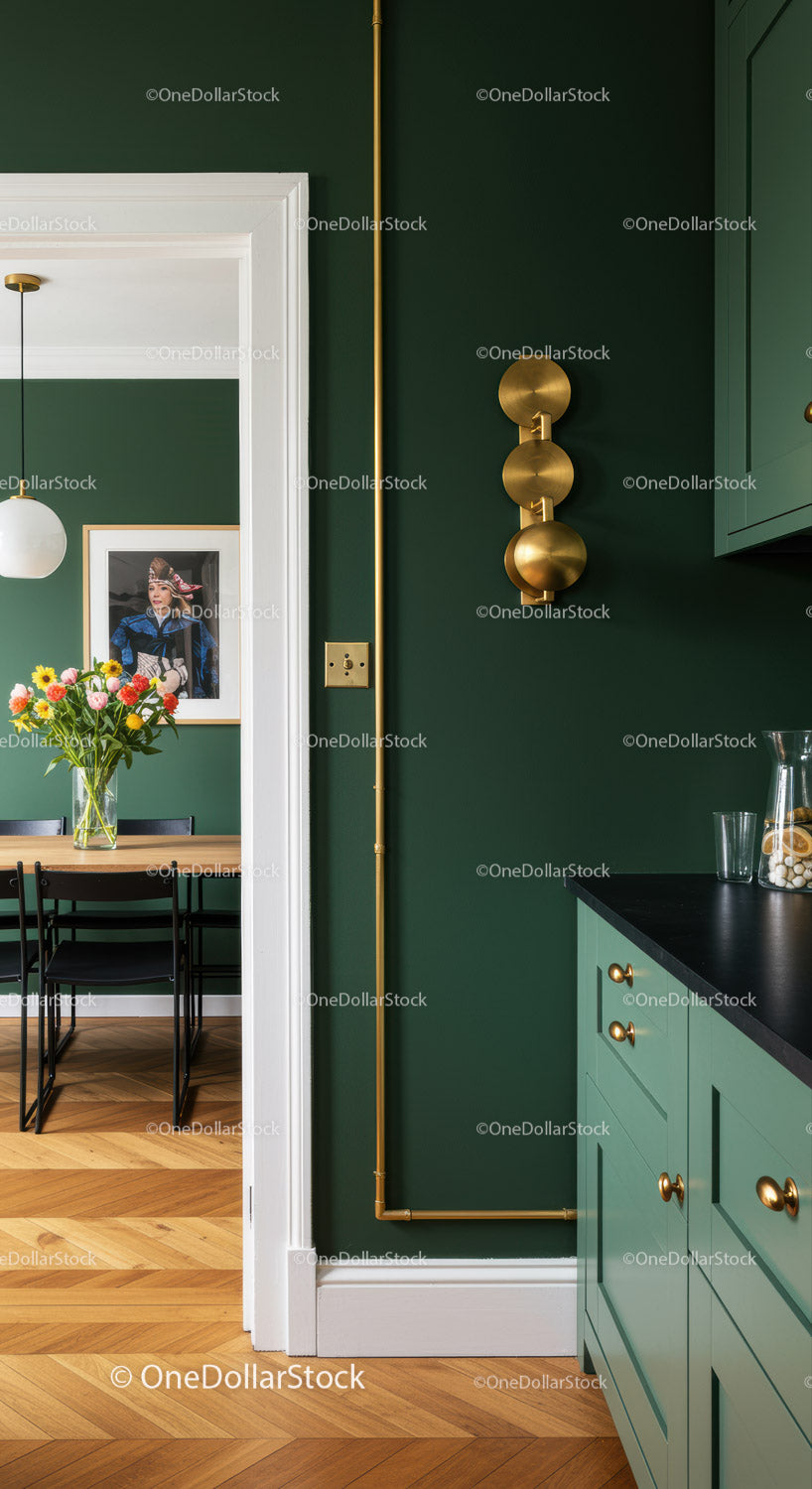 Elegant Green Kitchen with Gold Accents and Wooden Flooring
