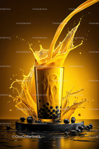 Yellow Bubble Tea with Tapioca Pearls and Splash Effect
