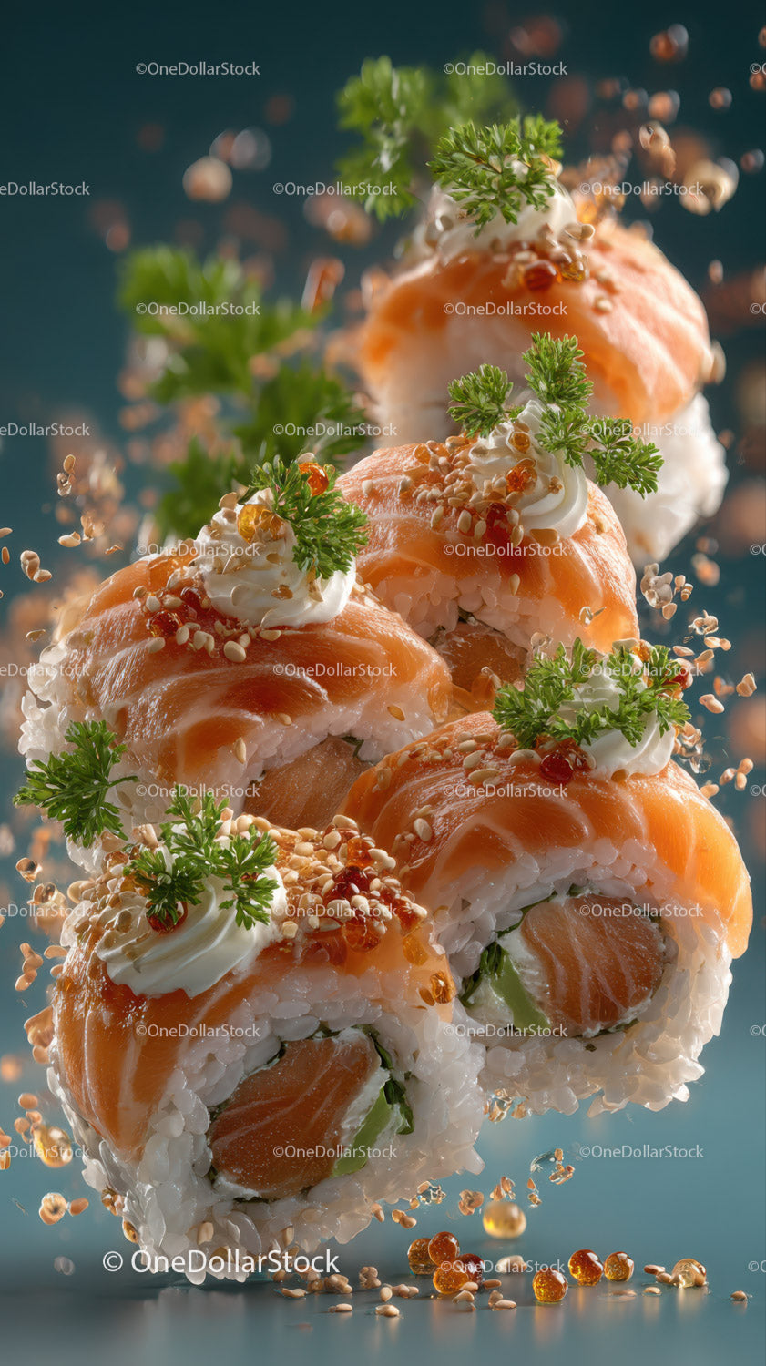 Fresh Salmon Sushi Rolls with Herbs and Fish Roe High Quality Food Photography