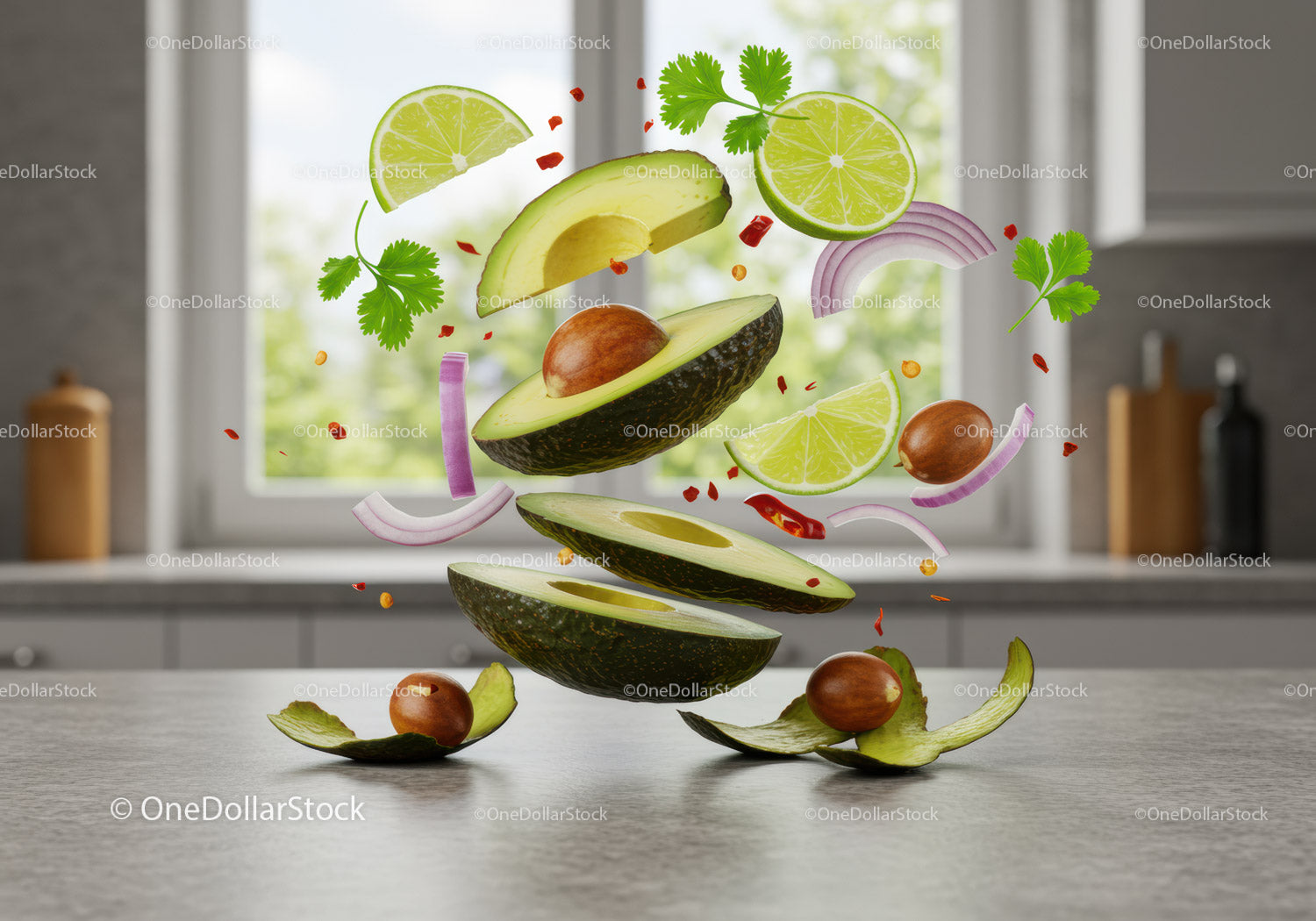 Świeże składniki awokado i limonki pływające w kuchni