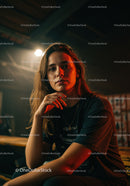 Thoughtful young woman sitting in moody warm light