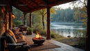 Rustic Lakeside Porch with Firepit and Autumn Foliage