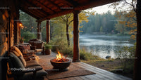 Rustic Lakeside Porch with Firepit and Autumn Foliage