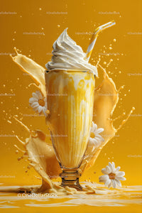 Creamy Yellow Beverage with Milk Splash and Daisies in Glass