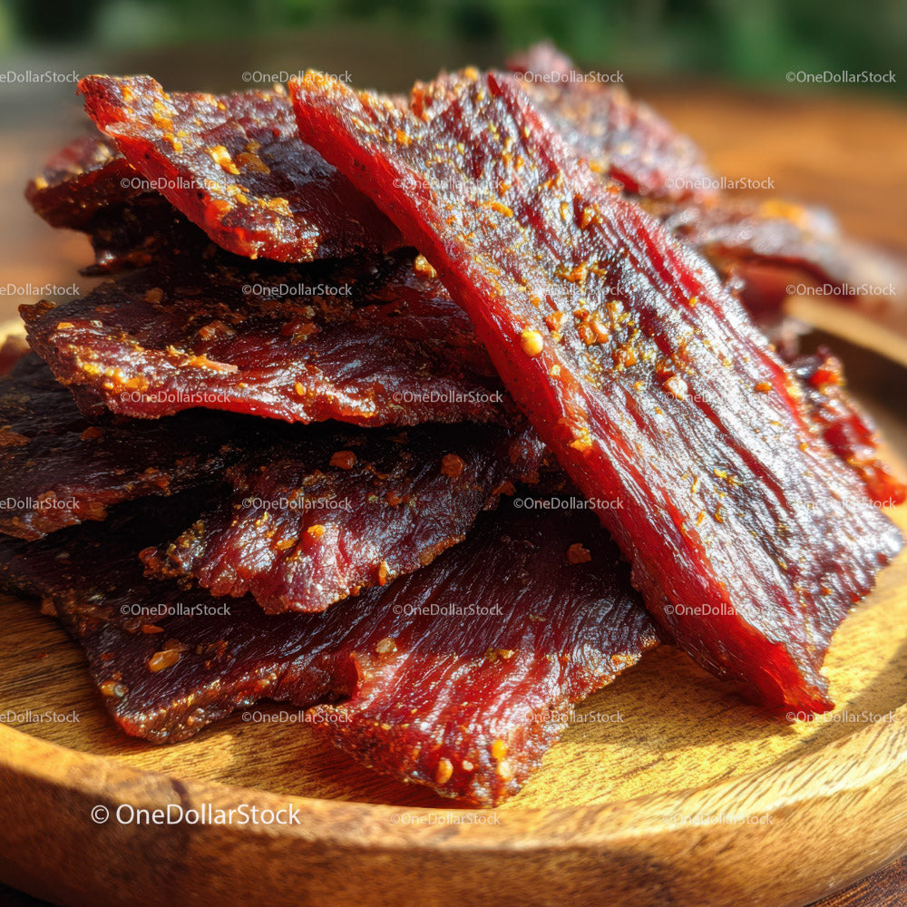Fresh Spicy Beef Jerky Snack on Wooden Plate