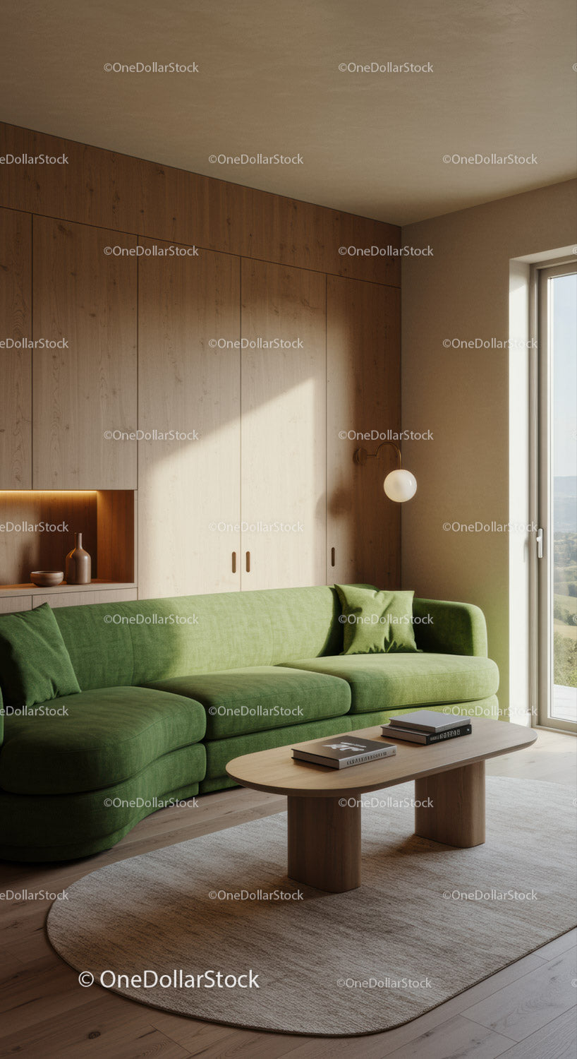 Przytulny salon z zieloną sofą i naturalnym światłem
