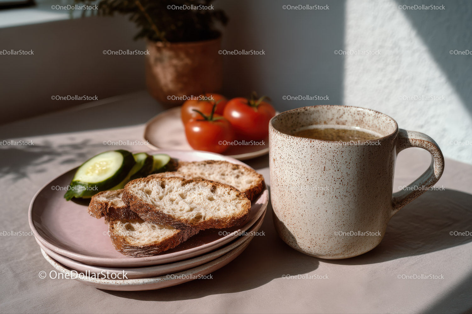Rustic Breakfast Scene with Sliced Bread Cucumber Tomatoes and Coffee