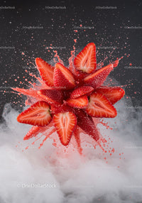 Fresh strawberry slices exploding with juice and mist
