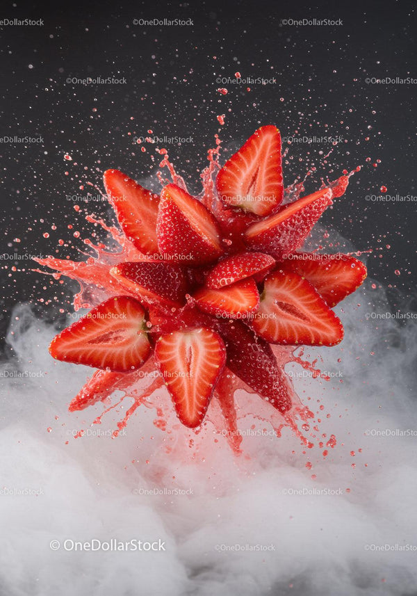Fresh strawberry slices exploding with juice and mist