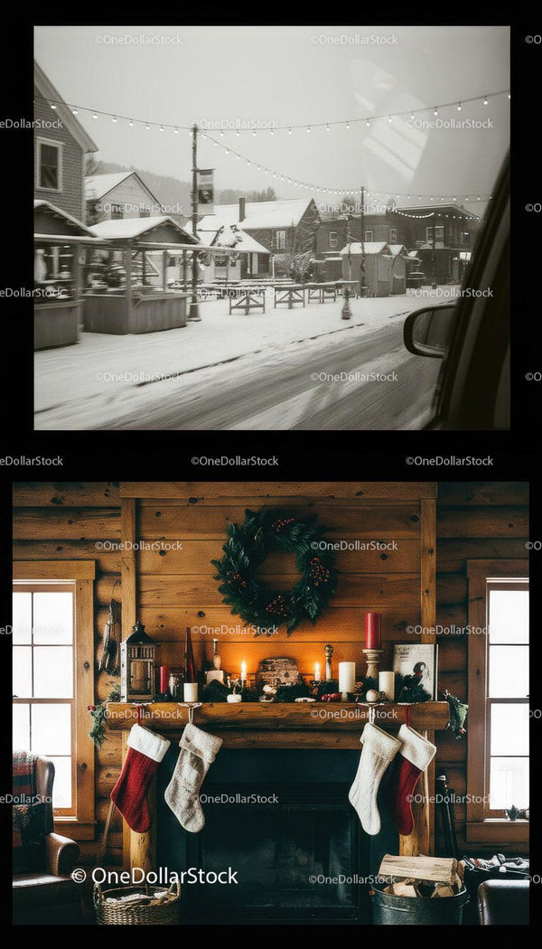 Cozy rustic cabin with Christmas stockings and wreath