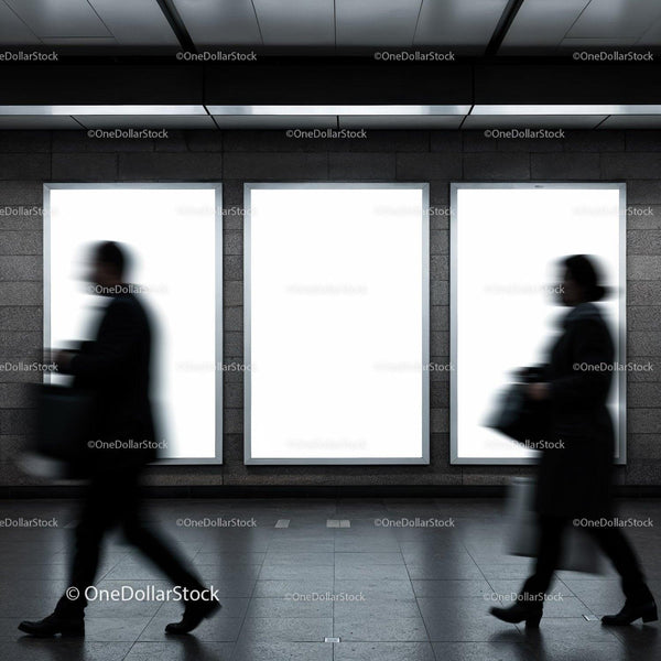 Blurred commuters walking past illuminated ad panels JPG Mockup Image