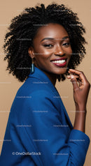 Elegant African American Woman in Blue Blazer with Curly Hair and Jewelry