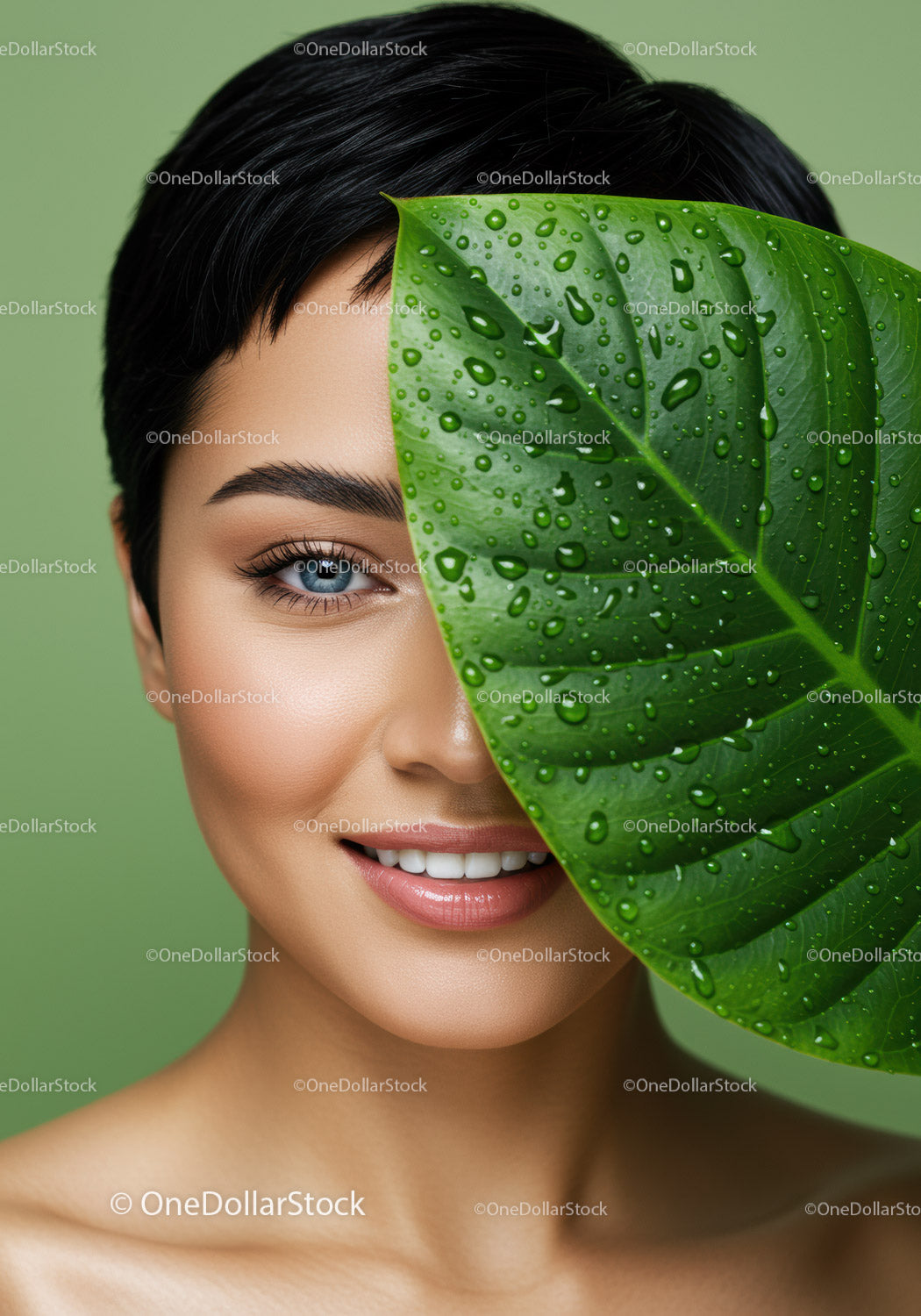 Young Woman Peeking from Behind a Large Green Leaf with Water Droplets