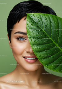 Young Woman Peeking from Behind a Large Green Leaf with Water Droplets