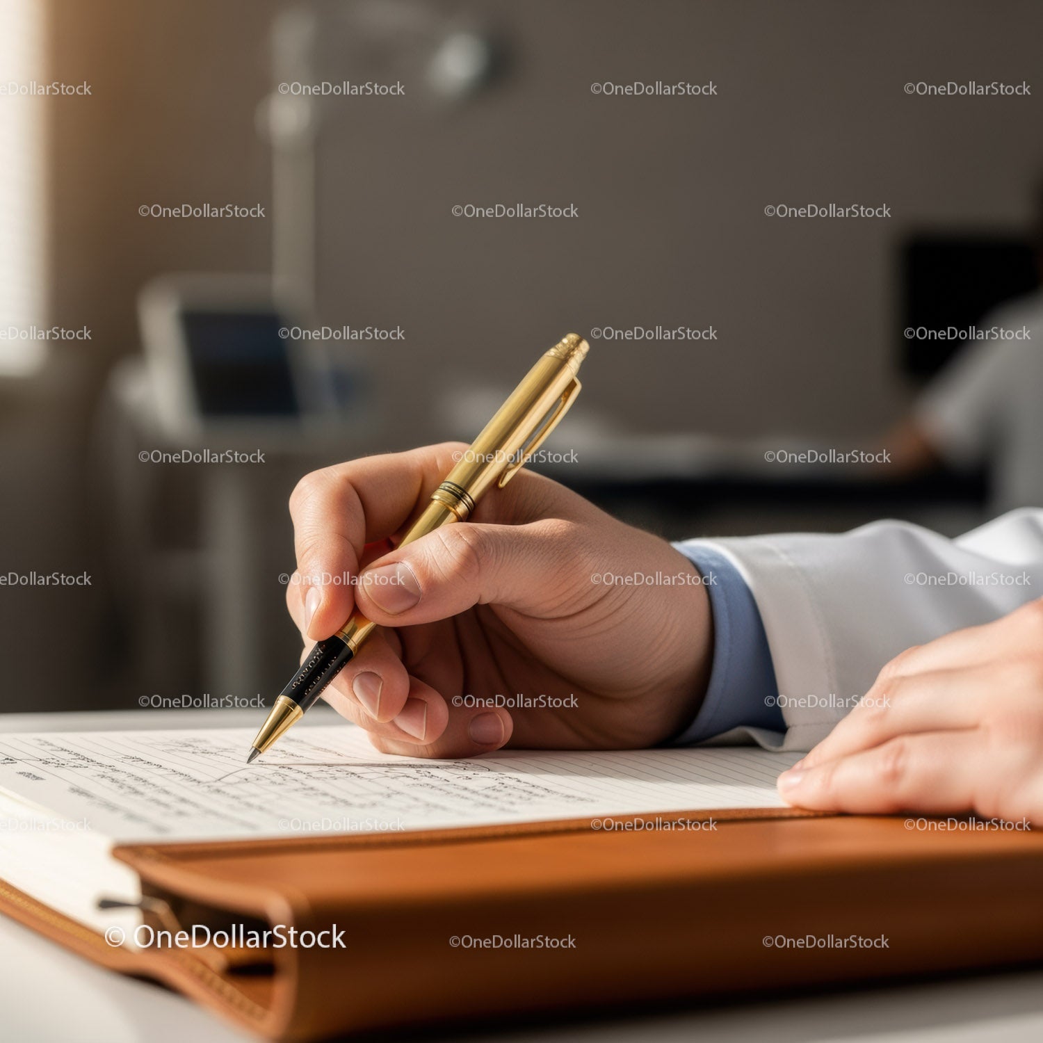 Business Professional Writing with Gold Pen on Elegant Desk