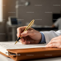 Business Professional Writing with Gold Pen on Elegant Desk