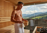 Man Relaxing in Sauna with Scenic Mountain View and Blue Sky