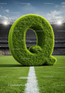 Green Grass Letter Q on Soccer Field with Stadium Crowd
